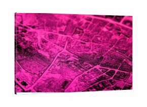 Close-up of a stylized city map, rendered in black and white lines on a vibrant pink background  Detailed urban layout, featuring streets, buildings, and parks