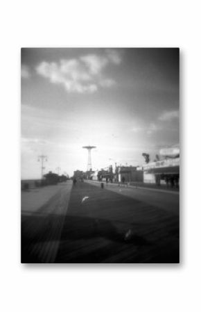 Old Fashioned black and white image of the Coney Island boardwalk, Coney Island, Brooklyn, New York City, United States