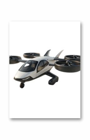 Futuristic autonomous air taxi concept design showcasing urban air mobility in white and black against a black background