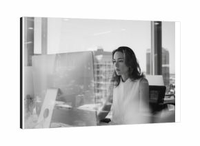 Black and white photo of a businesswoman concentrating on her computer screen in a bright, modern office overlooking the city