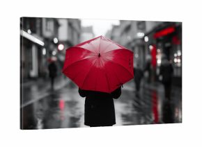 Person Holding Red Umbrella on Rainy Urban Street