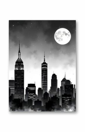 Dramatic black and white new york city skyline under a full moon