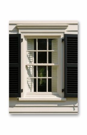 An aged government structure featuring a window with contrasting black and white shutters on opposite sides