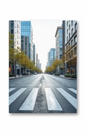 Urban street scene with a clear zebra crossing in the foreground, modern city buildings in the background