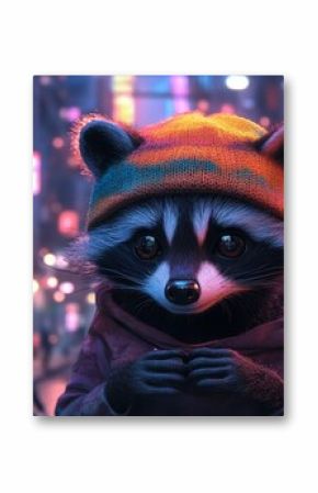 Raccoon in beanie hat in cyberpunk city street art neon lights digital art ai generated image wallpaper background