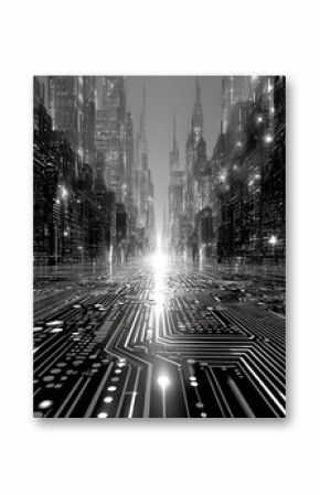 Abstract black and white urban cityscape at night with traffic on a downtown road, highlighting modern city architecture and old buildings