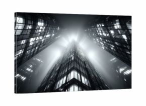 Grayscale Impression of Modern City Skyscrapers with Foggy Haze Reflecting Sunlight from Tall Buildings a Low Angle Perspective Capturing Urban Architecture at Night 177 characters