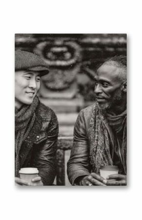 Two Men Sharing Coffee on a Snowy Day in a City Park