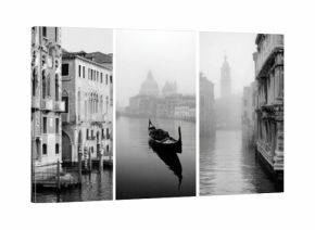 Triptych of a foggy Venetian canal, showcasing ancient architecture, a lone gondola, and the ethereal quality of the mist
