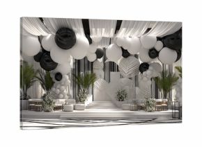 White and black flowers inside a church with architectural details like arches, columns, and stone, set in a luxurious environment with a view of the sky and city