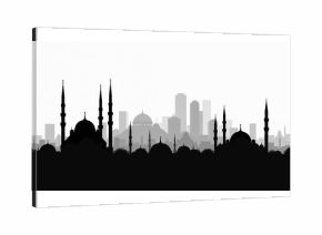 Silhouette mosque with city buildings. Black, white graphic of urban skyline, minarets, domes. Representing islamic culture, religion. Suitable design, background, illustration, print for travel