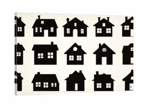 Collection of black and white houses with a white background. The houses are all different sizes and shapes