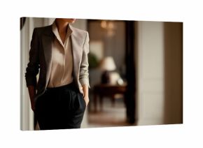 Woman in a business suit stands in a hallway. She is wearing a black skirt and a white shirt