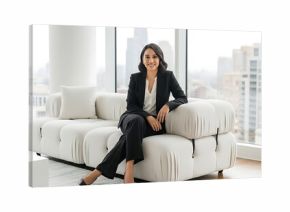 Confident professional woman relaxing in a modern office with city views.