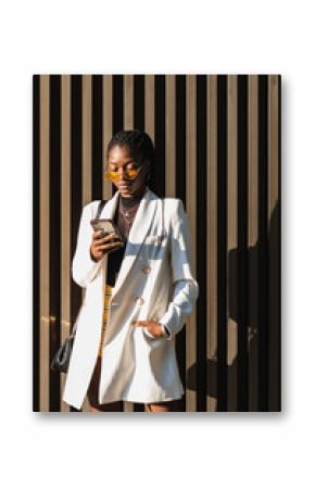 Stylish young black woman in white blazer and yellow sunglasses using a mobile phone against a modern wooden wall