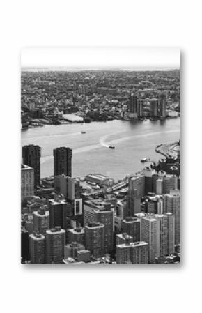 Black and white view of New York City and Brooklyn skyline with river