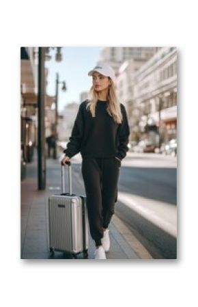 Woman in a black sweatsuit and white sneakers pulls a silver suitcase on a city street.