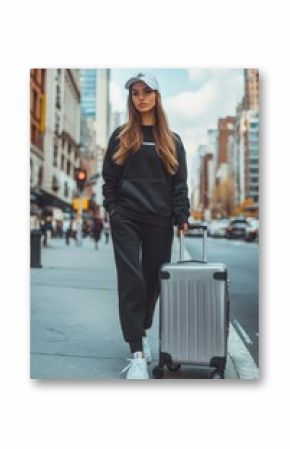 Young woman in black tracksuit and white sneakers walking with silver suitcase on city street.