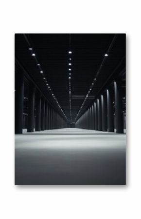 Long empty corridor high ceiling multiple rows columns hall exhibition centre.The