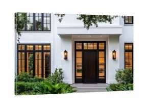 A home with white stucco walls, glossy black windows, and a dark oak door.