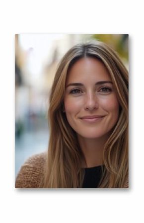 A woman with long brown hair is smiling and looking at the camera