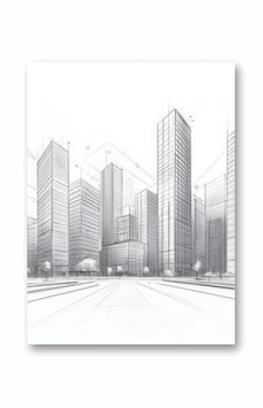 A city skyline with tall buildings and a large empty road