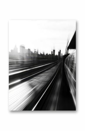 A blurred view of train tracks and a city skyline, conveying motion and urban energy.