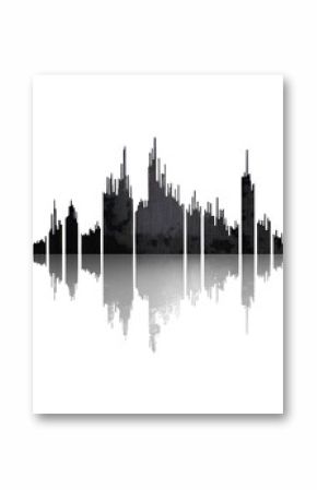 Waveform illustration of a city skyline, black and white isolated background.