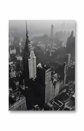 Aerial view of Midtown Manhattan skyscrapers in fog, 1940s.