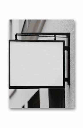 Blank store signage sign design mockup isolated, Clear shop template. Street hanging mounted on the wall. Signboard for logo presentation. Metal cafe restaurant bar plastic badge black white.