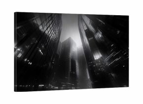 Striking monochrome image of towering skyscrapers with capturing the essence of a modern city at night.