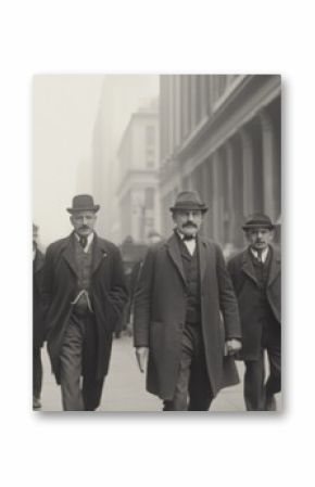 Three men in suits walk down a busy city street in a vintage black and white photo.