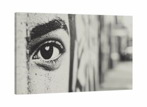 Urban eye art, street scene, person walking, city background, social commentary