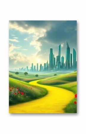 Yellow brick road leading through poppy field to green emerald city in the distance. Wizard of Oz concept.
