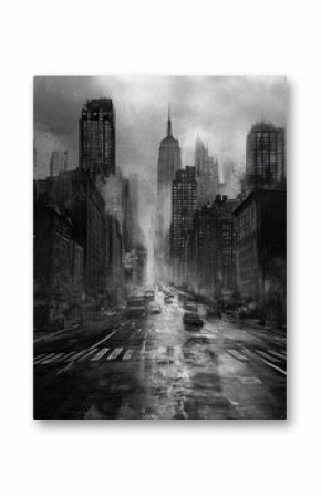 Sin City. Noir City Street in Black-and-White Charcoal Illustration Style with Misty Cold Atmosphere