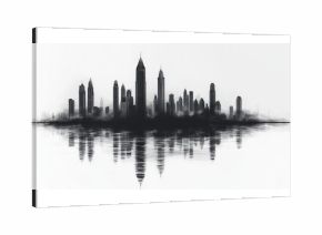 Black and white silhouette of a city skyline reflecting on water with a misty background
