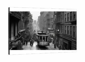 Old San Francisco streetcar in historical cityscape