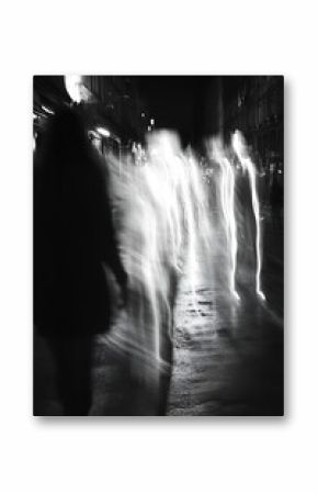 Ghostly Figures Walking Through Urban Street at Night in Black and White : Generative AI
