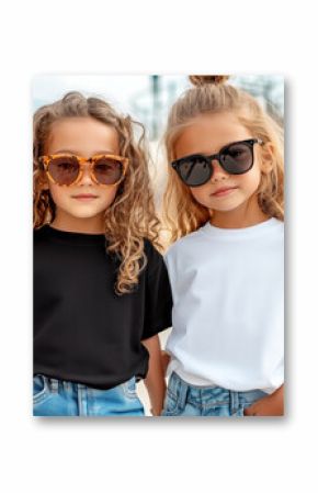 Two cool girls in white and black t-shirts standing at skatepark. Kids short sleeve tee mockup. Double shirt, matching shirt designs for friends, family, sisters, cousins. Summer children shirt mock 