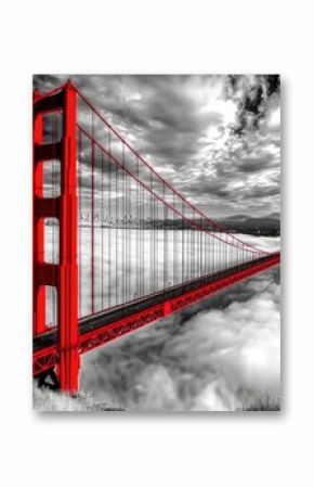 Red Golden Gate Bridge, clouds, black and white photography, red color pop, hyperrealistic, wide-angle