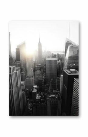 Black and white aerial view of a cityscape at sunrise, showcasing tall skyscrapers and city streets.