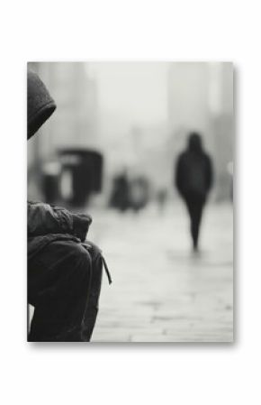 Lonely man sitting on a park bench in a city street, cold weather.