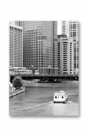 Chicago city view with Chicago River. Black and white vintage style photo.
