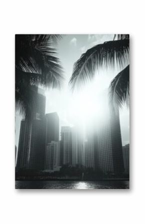 Black and white photography of palm trees lining the streets of a city, with urban architecture and possibly people in the background