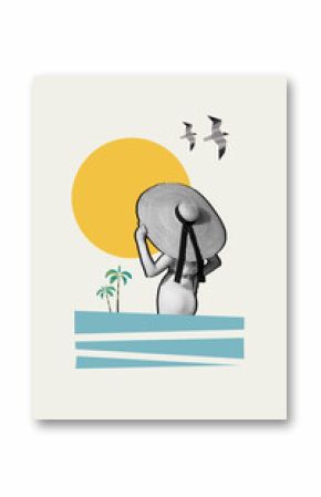Picture collage of woman wear panama looking far away rising sun tropical nature palm trees fly gulls seaside isolated on grey background Generative AI