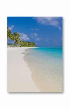 Paradise island beach. Tropical landscape of summer sea sand sky palm trees. Tranquil freedom travel vacation destination. Exotic beach landscape. Beautiful nature. Relax, idyllic amazing Maldives