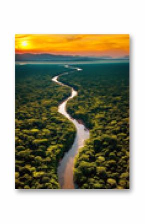 Tropical river flow through the jungle forest at sunset or sunrise. Amazon river flowing in rainforest.