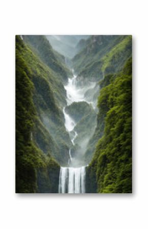 A breathtaking view unfolds, revealing a magnificent cascade and waterfall nestled within a lush valley, framed by towering mountains, shrouded in a gentle mist, with the waters below rushing in.