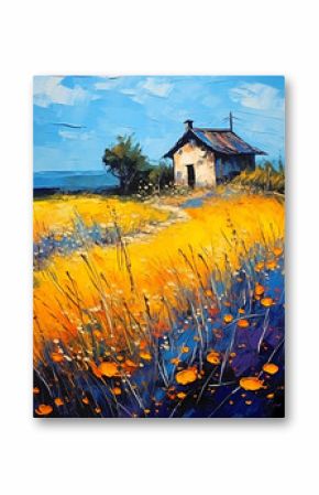 Painting Of A House In A Field Of Flowers