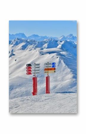 Ski slope sign showing the directions for skiers in Courchevel ski resort 